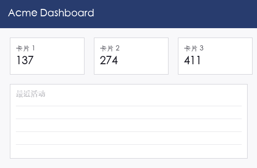Acme Dashboard 界面截图:「最近活动」面板标题文字颜色极浅,与背景对比度很低