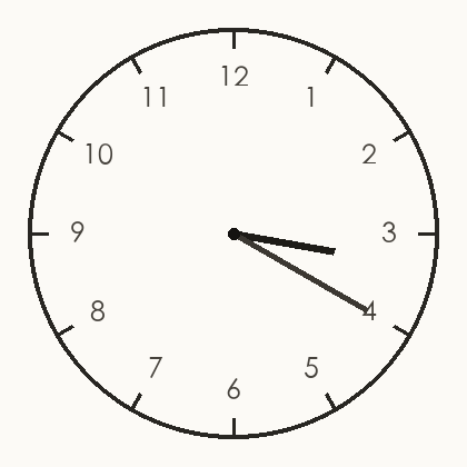 常规数字钟面：时针刚过 3、分针指向 4，真值 03:20