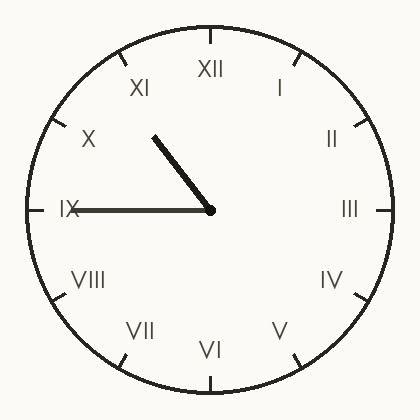 罗马数字钟面：分针指向 IX、时针位于 X 与 XI 之间，真值 10:45