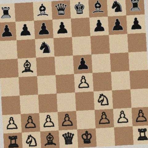 三个模型共同收到的第 1 手照片：西班牙开局 1.e4 e5 2.Nf3 Nc6 3.Bb5 之后、轮到黑方的棋盘，画面带轻微旋转、噪点与模糊